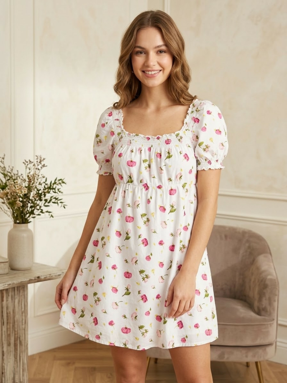 J. Crew White Floral Smocked Square-Neck Chemise with Pink Rose Print